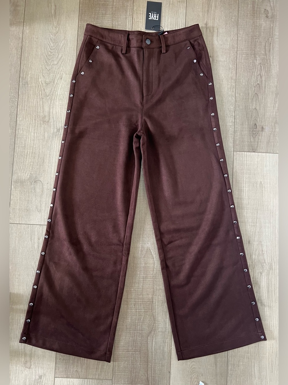 Frye Womens Wide-Leg Stud-Trim Pants in Dark Brown